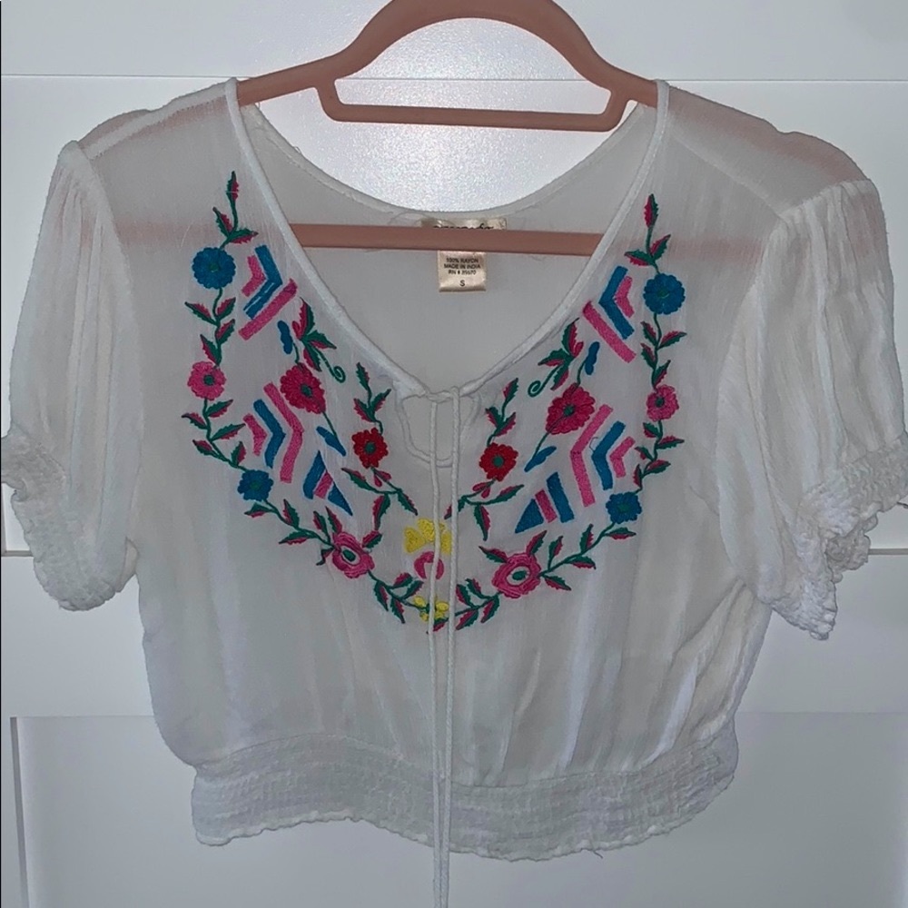 Embroidered Sheer White Crop Top Small